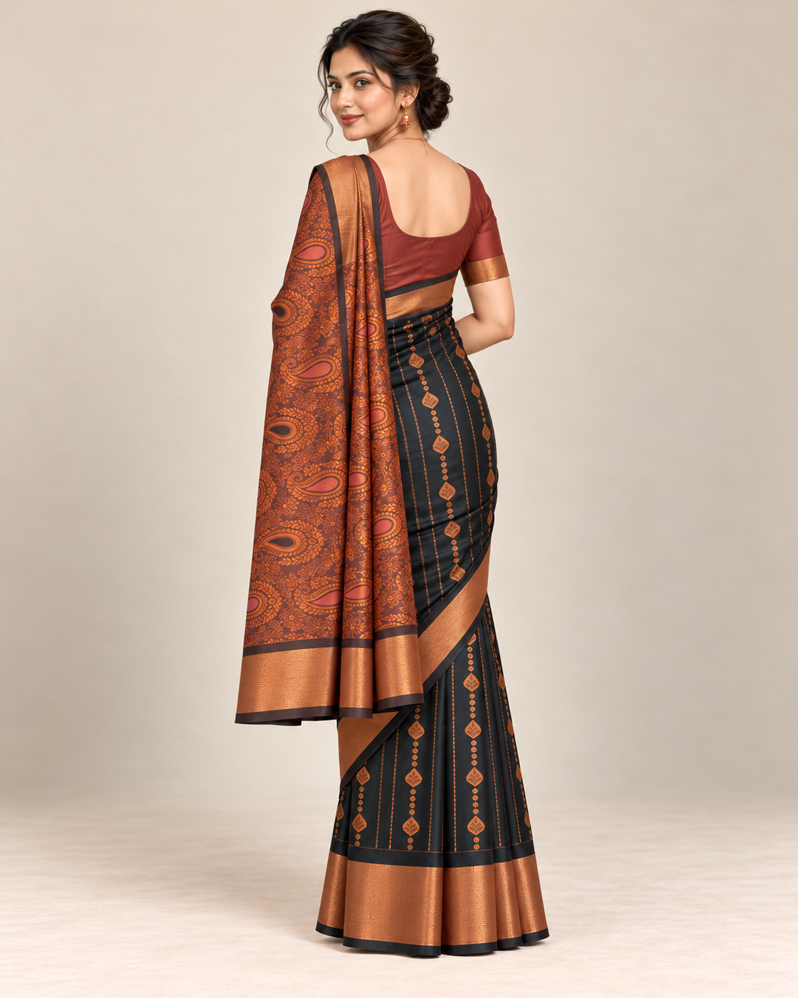 Back view — charcoal silk saree