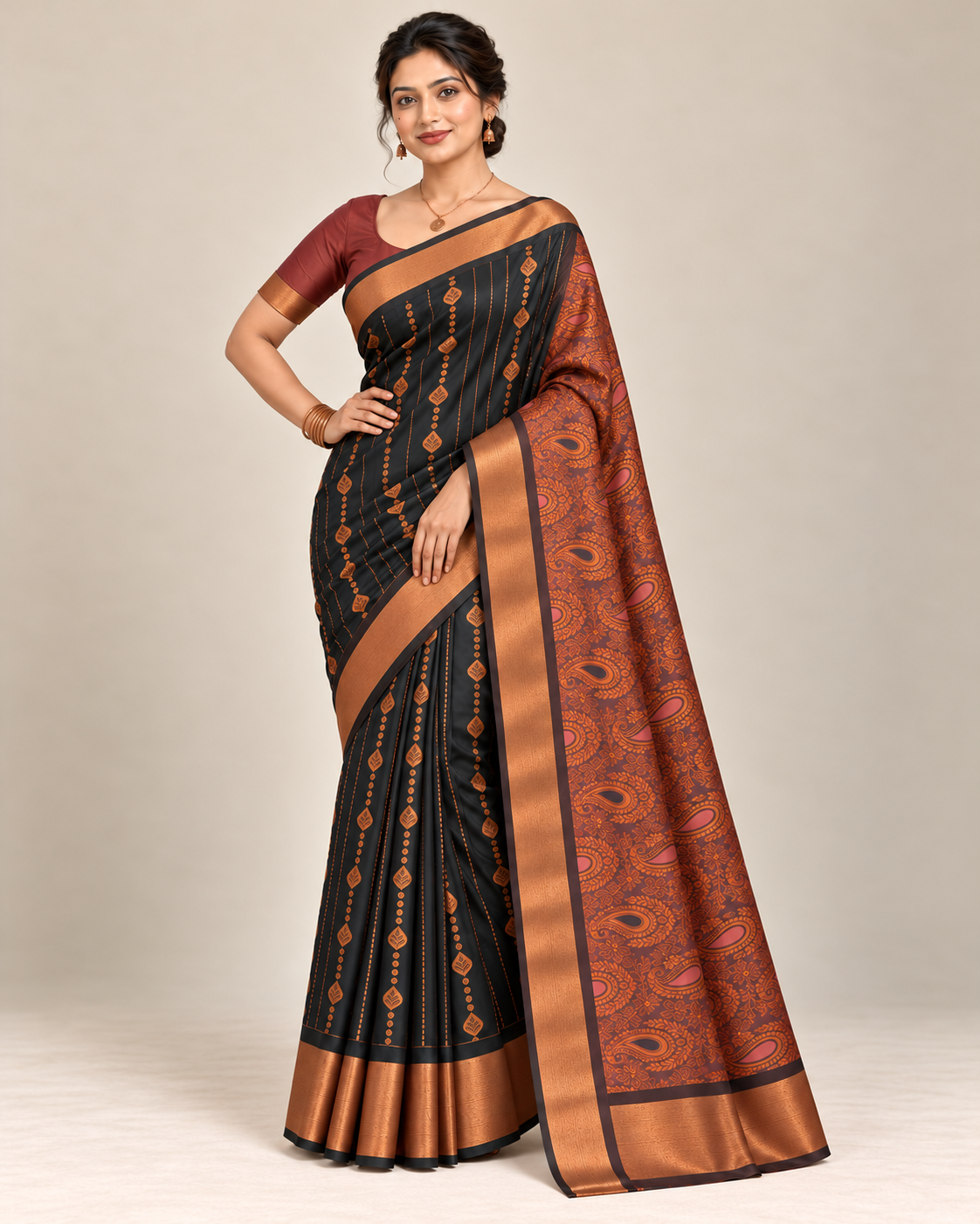 Alternate pose — charcoal silk saree