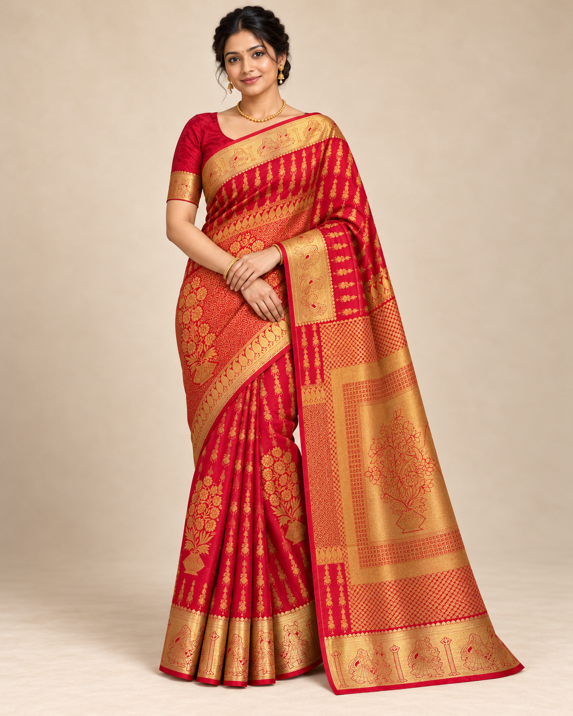 Front view — red and gold floral panel silk saree