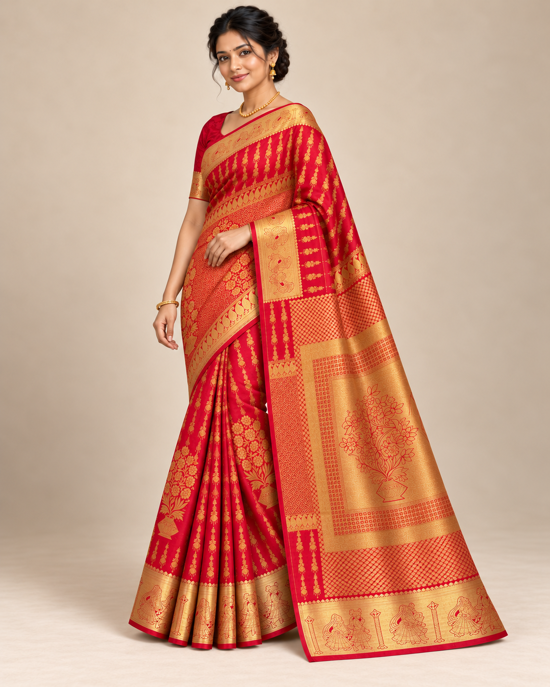 Three-quarter view — red and gold floral panel silk saree