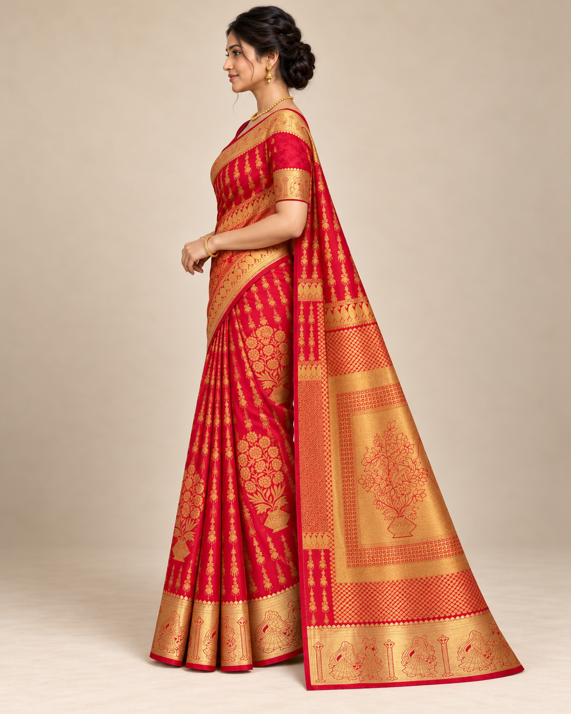 Side view — red and gold floral panel silk saree