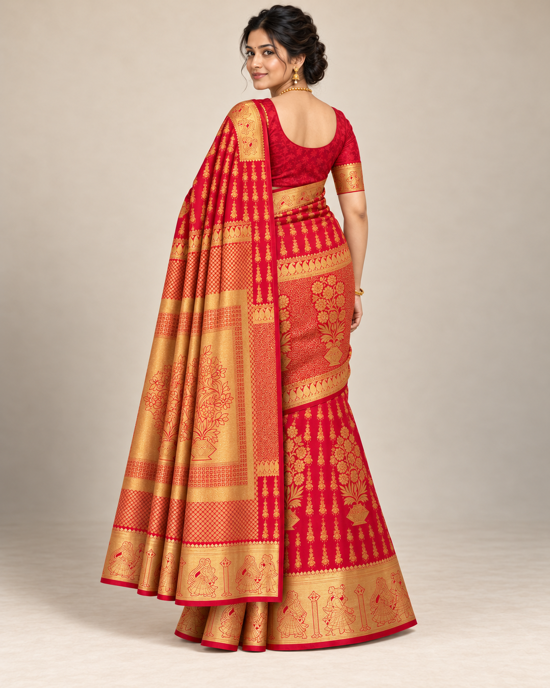 Back view — red and gold floral panel silk saree