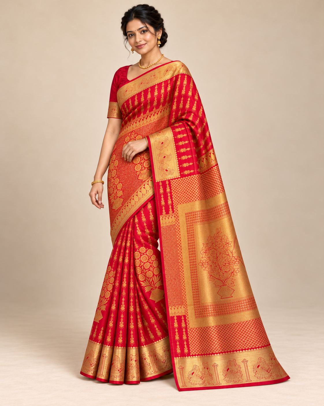 Alternate pose — red and gold floral panel silk saree