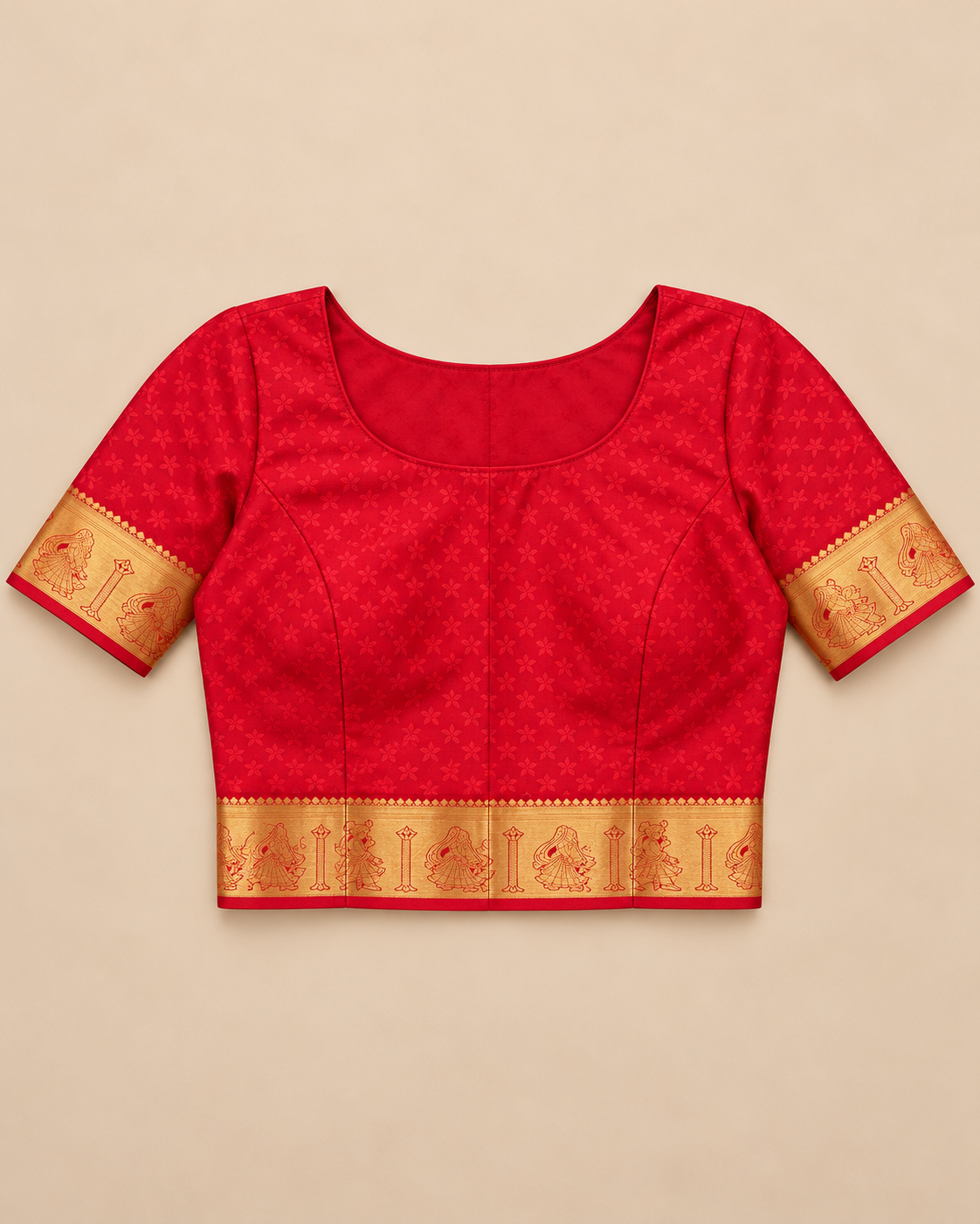Stitched blouse styling example; unstitched fabric supplied — red and gold floral panel silk saree
