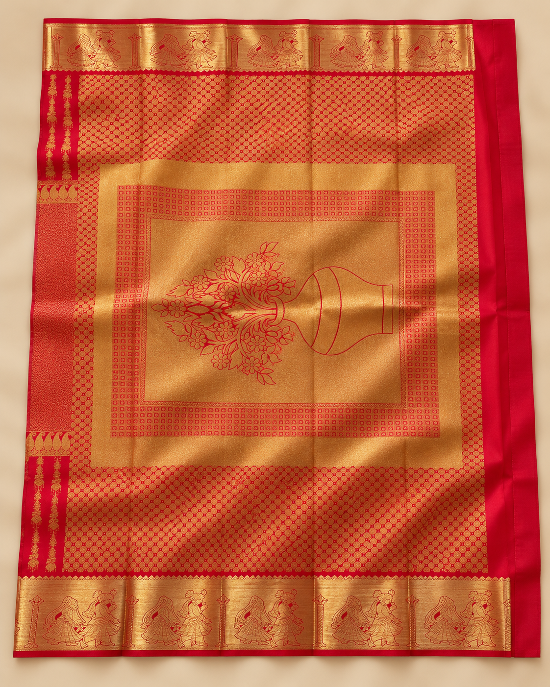 Ornamental pallu — red and gold floral panel silk saree