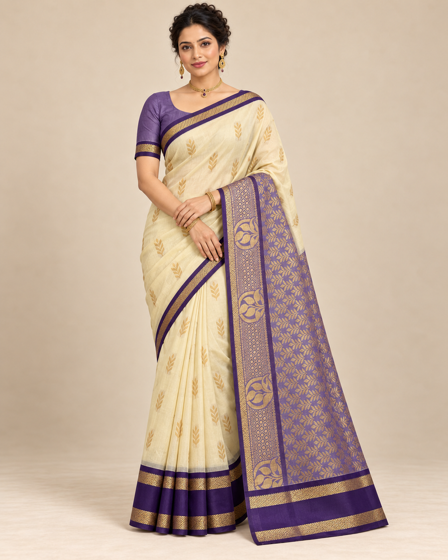 Front view — cream cotton saree