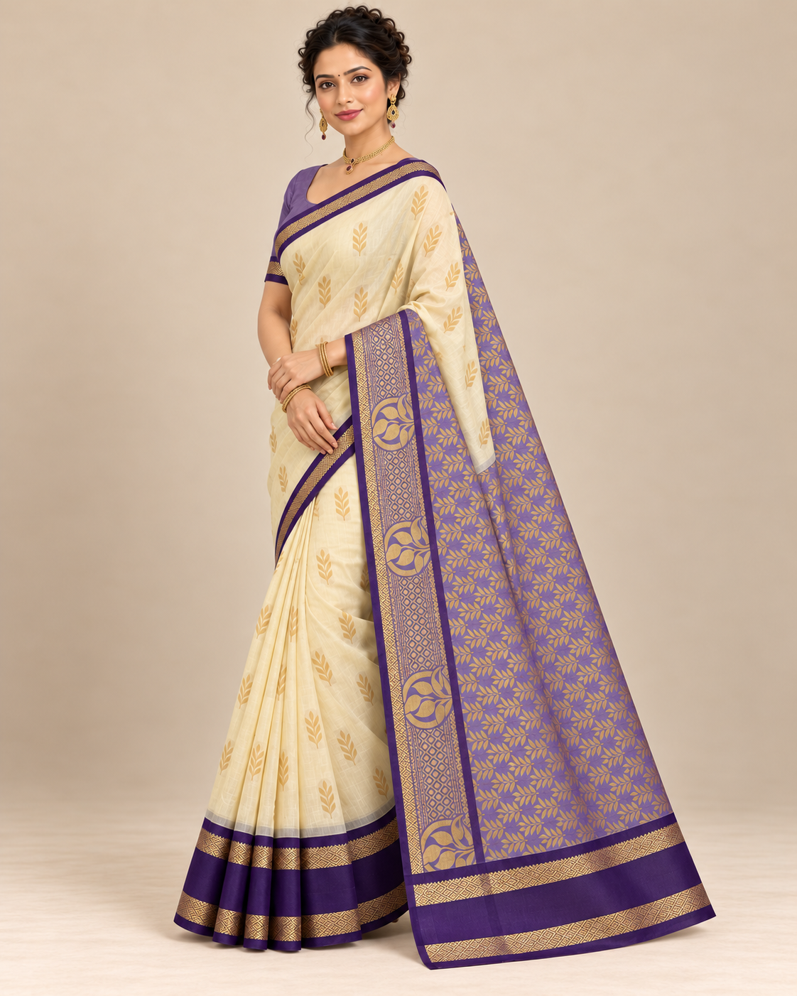 Three-quarter view — cream cotton saree