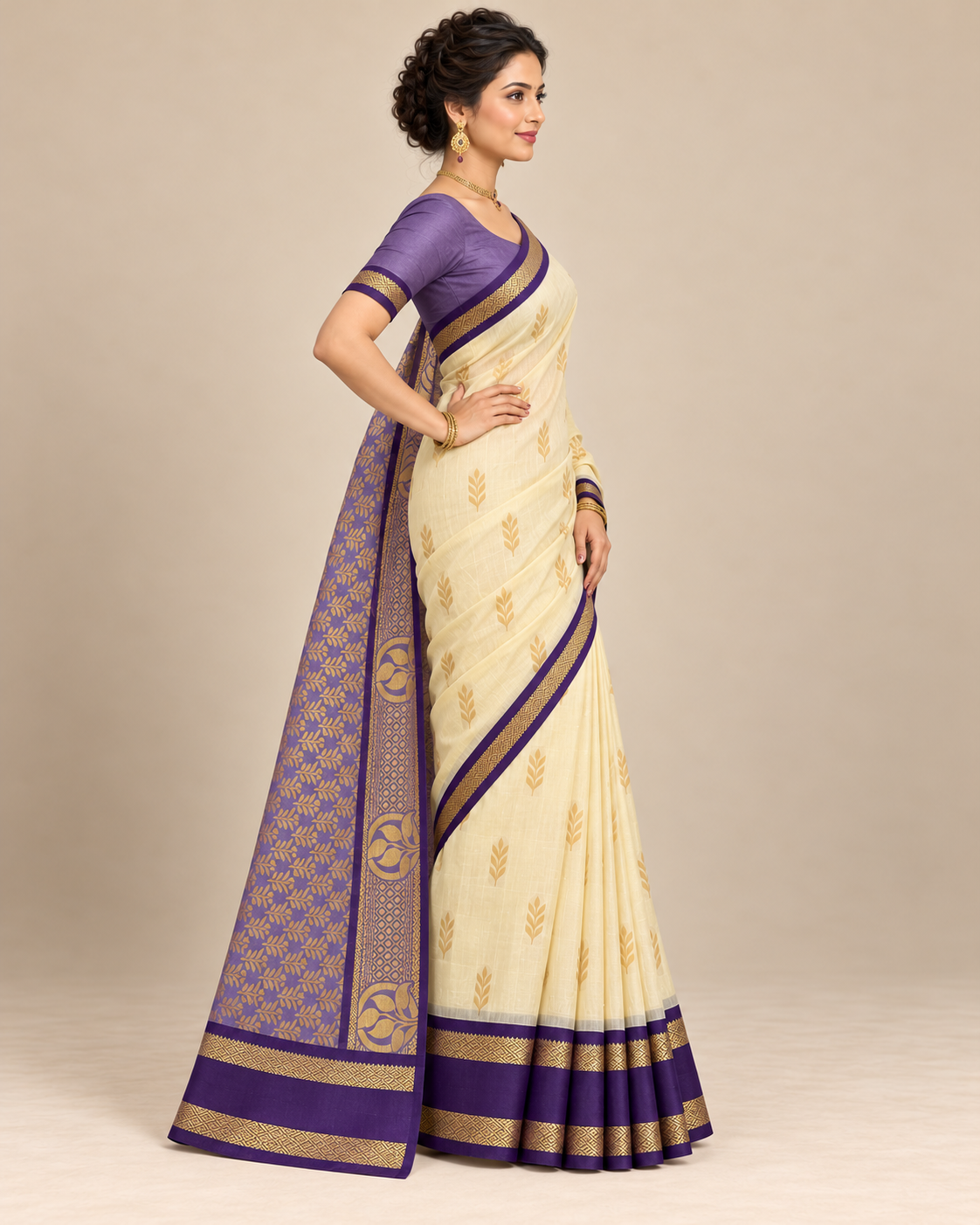Side view — cream cotton saree