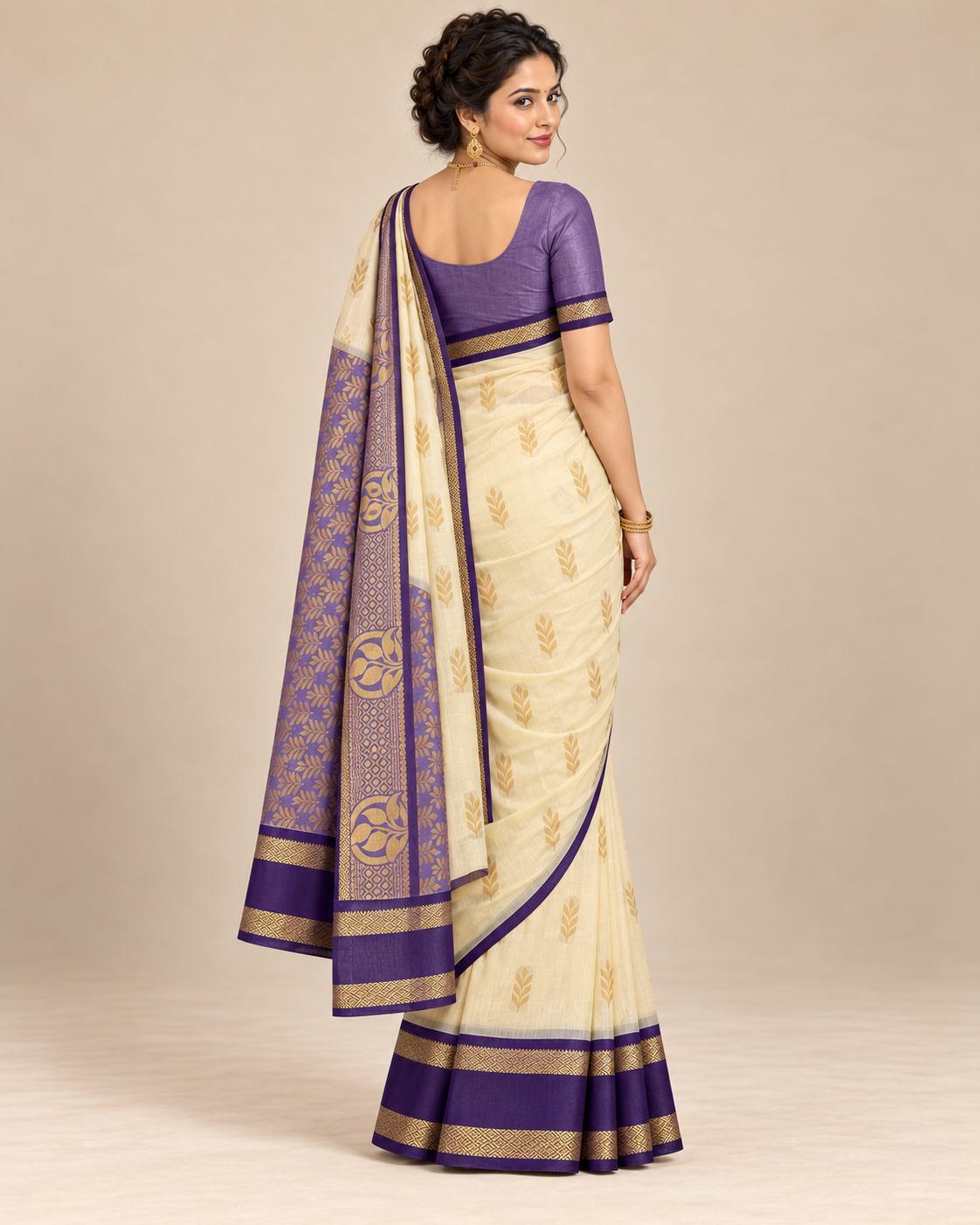 Back view — cream cotton saree