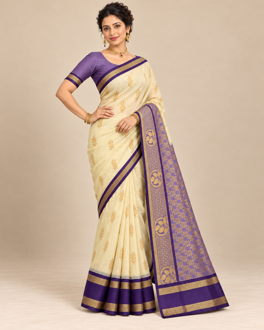 Alternate pose — cream cotton saree