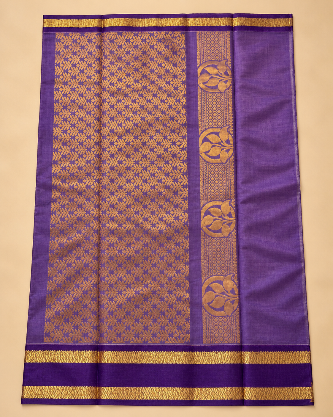 Purple and gold pallu — cream cotton saree