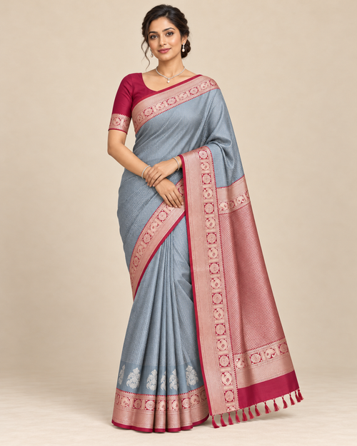 Front view — blue grey and raspberry silk saree