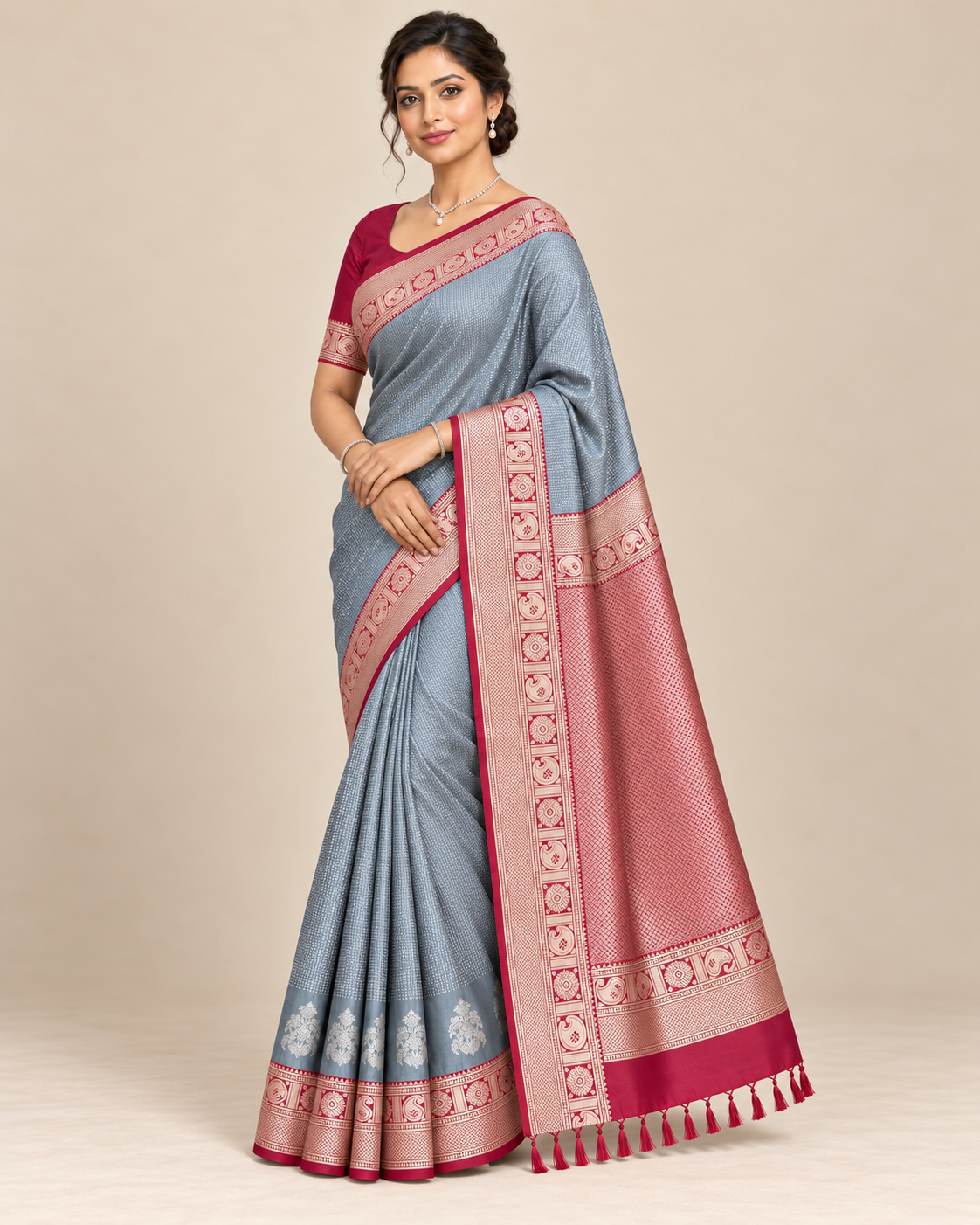 Three-quarter view — blue grey and raspberry silk saree