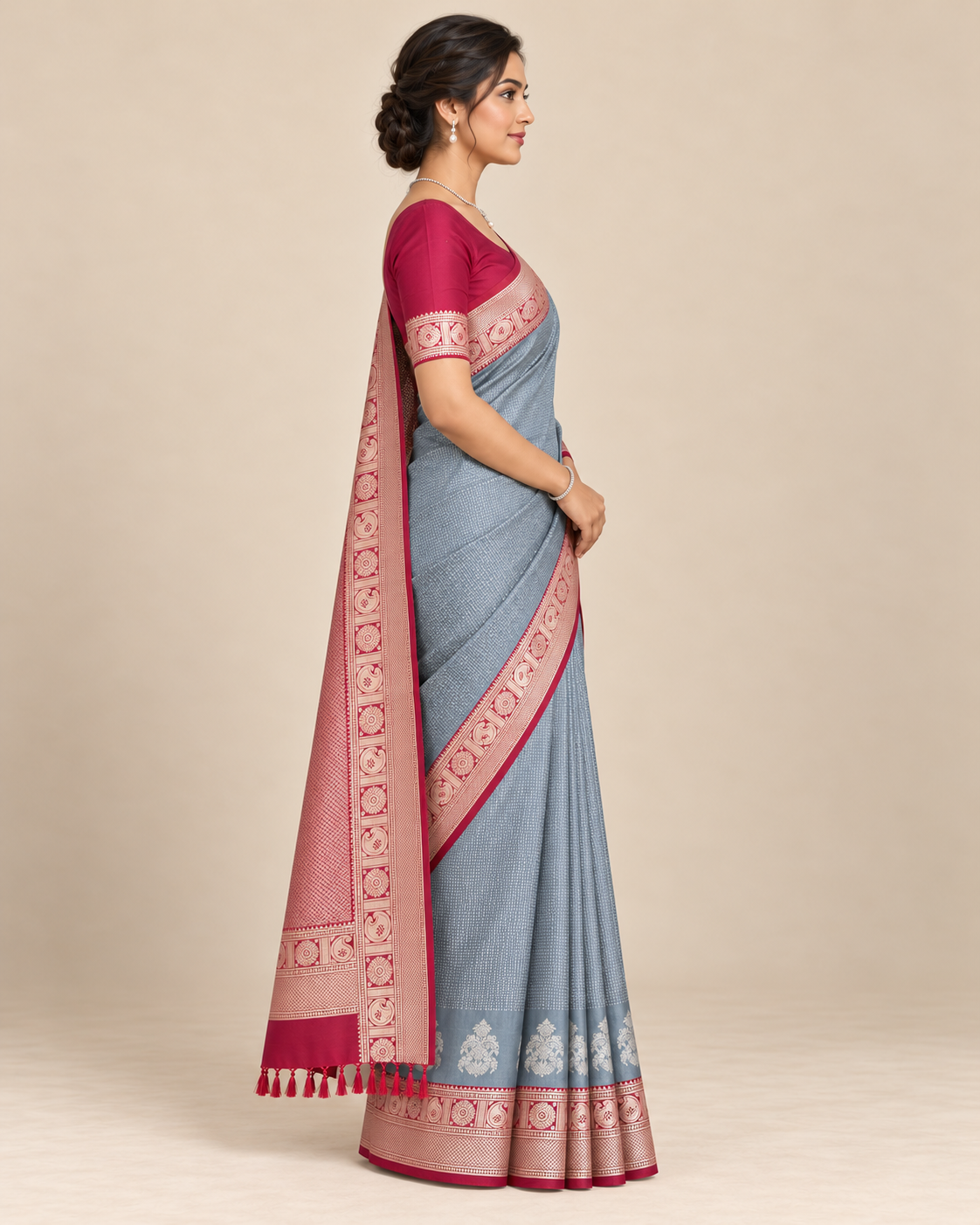 Side view — blue grey and raspberry silk saree