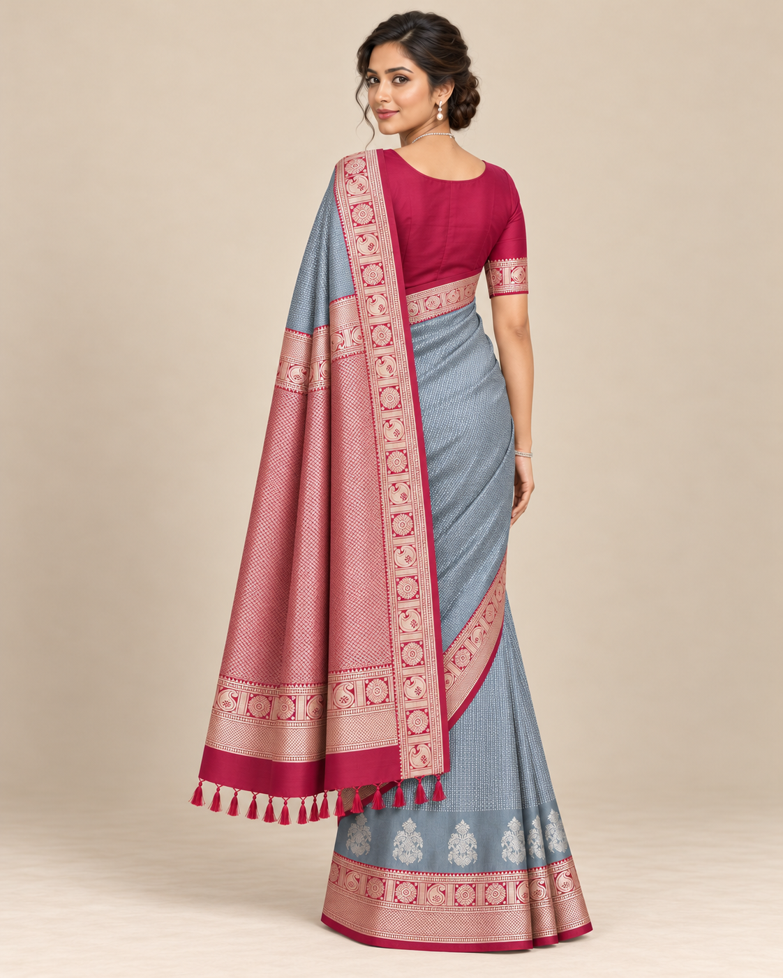 Back view — blue grey and raspberry silk saree