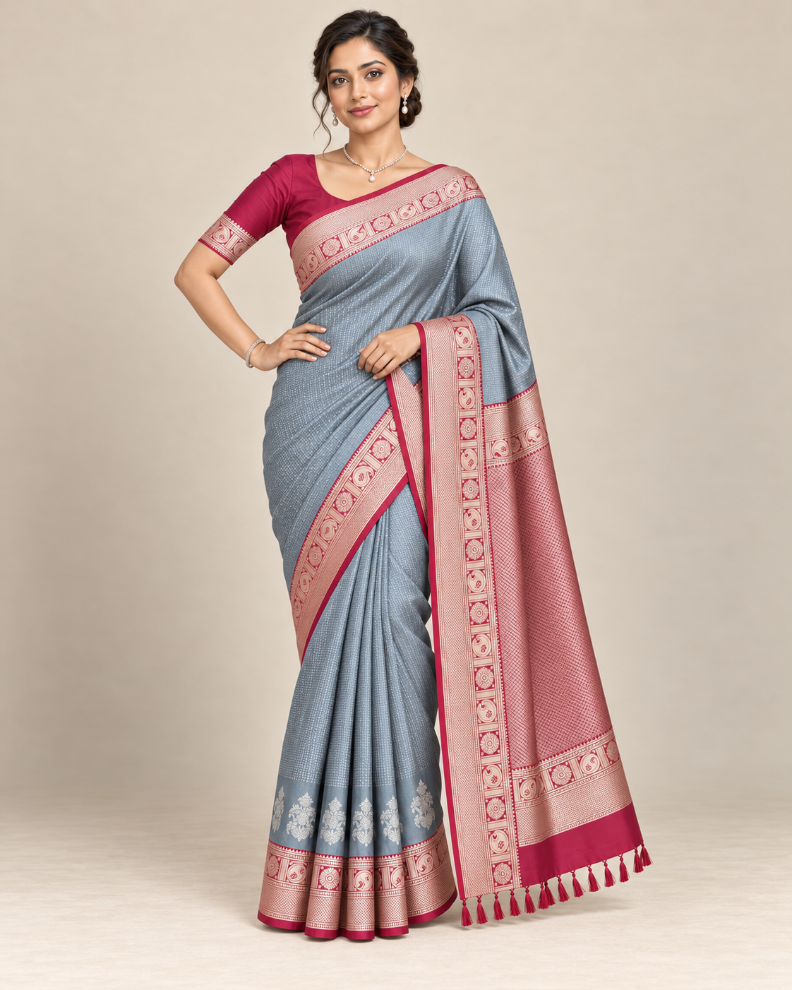 Alternate pose — blue grey and raspberry silk saree