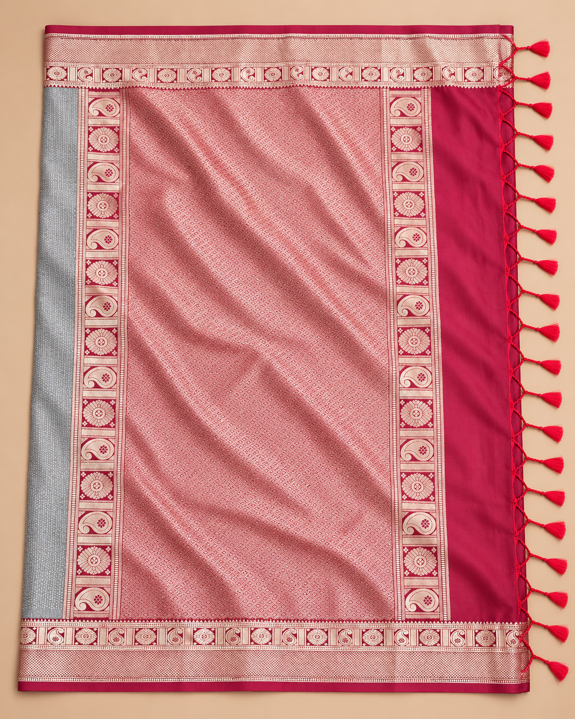 Ornamental pallu — blue grey and raspberry silk saree