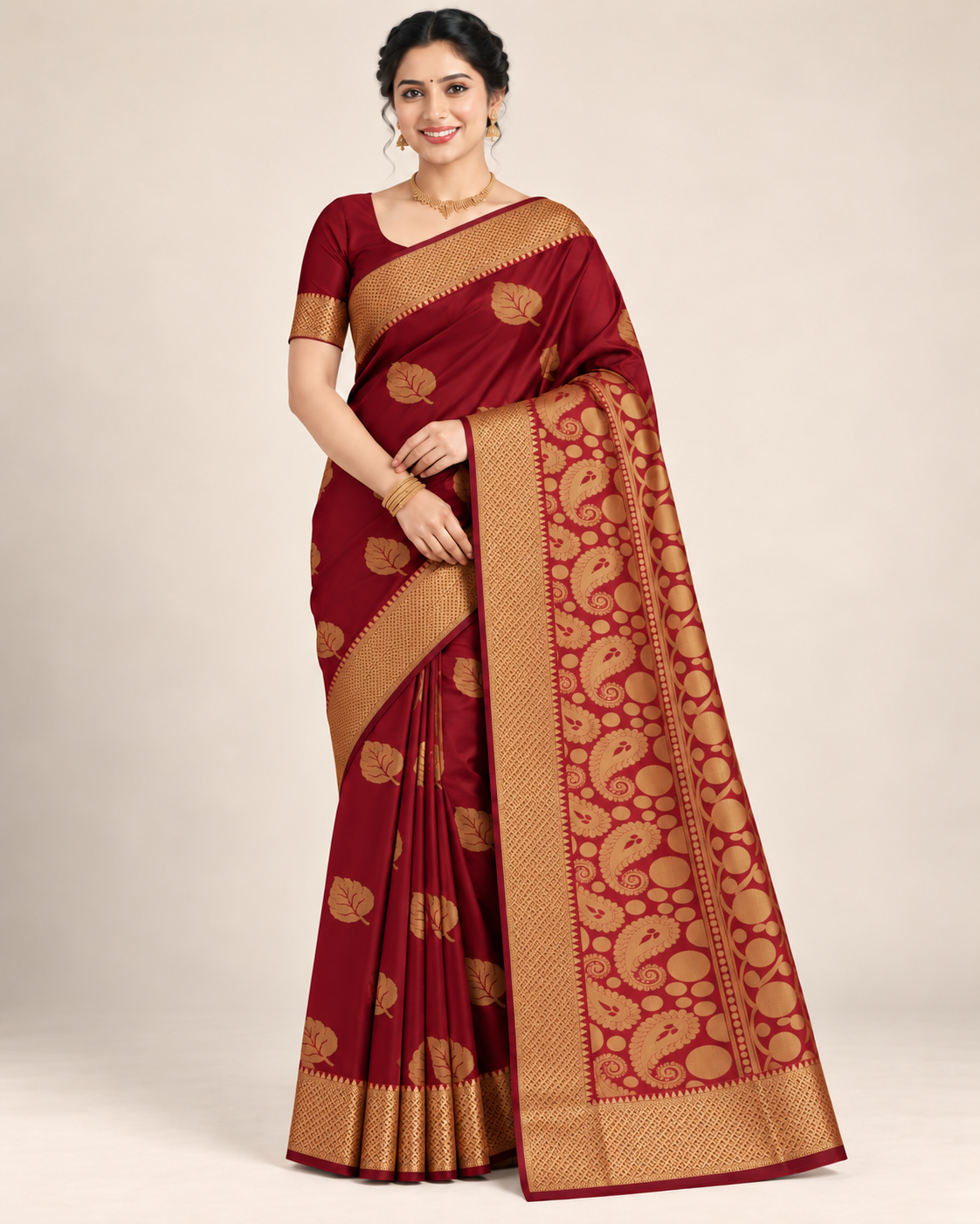 Front view of a wine maroon silk saree with gold leaf motifs and a geometric gold border