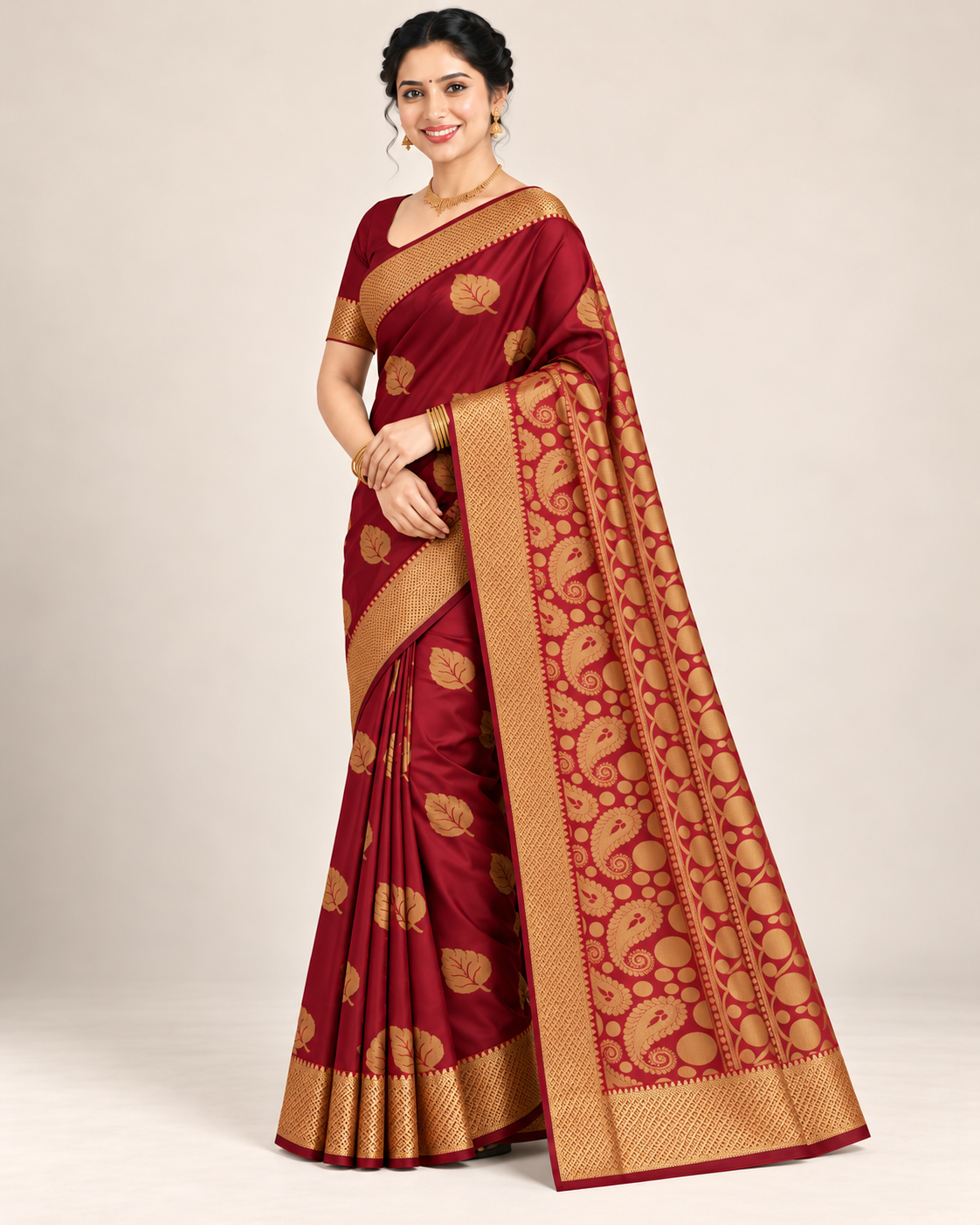 Three-quarter view of a wine maroon silk saree with gold leaf motifs