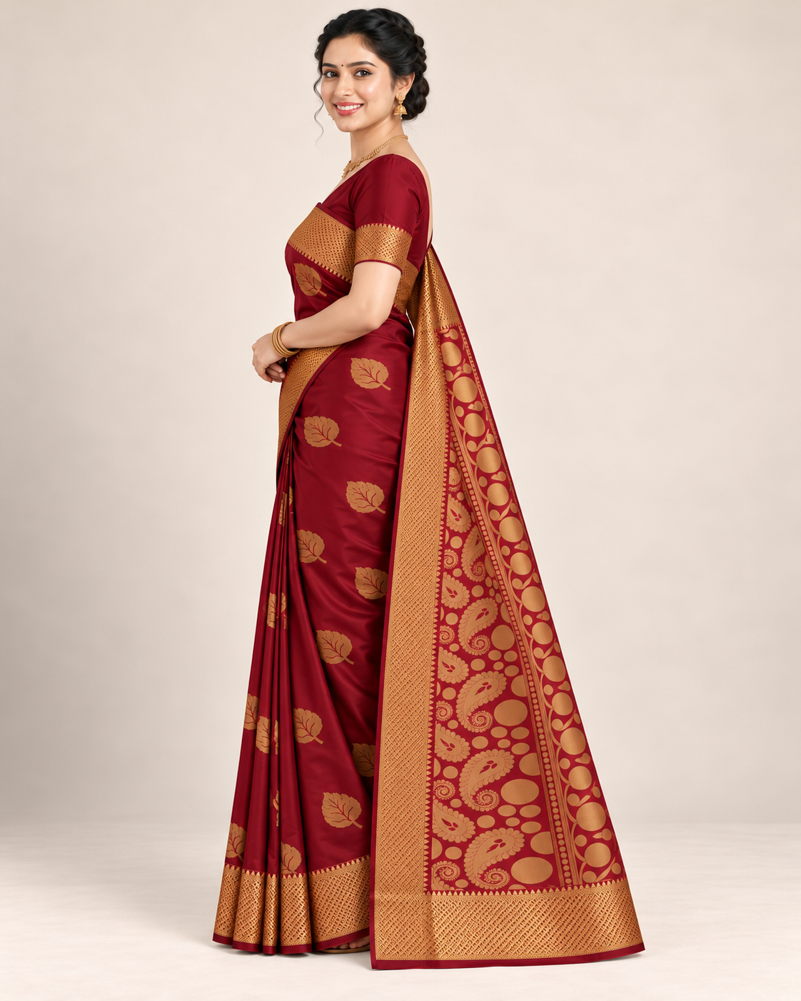 Side view showing the drape of a wine maroon silk saree and gold paisley pallu