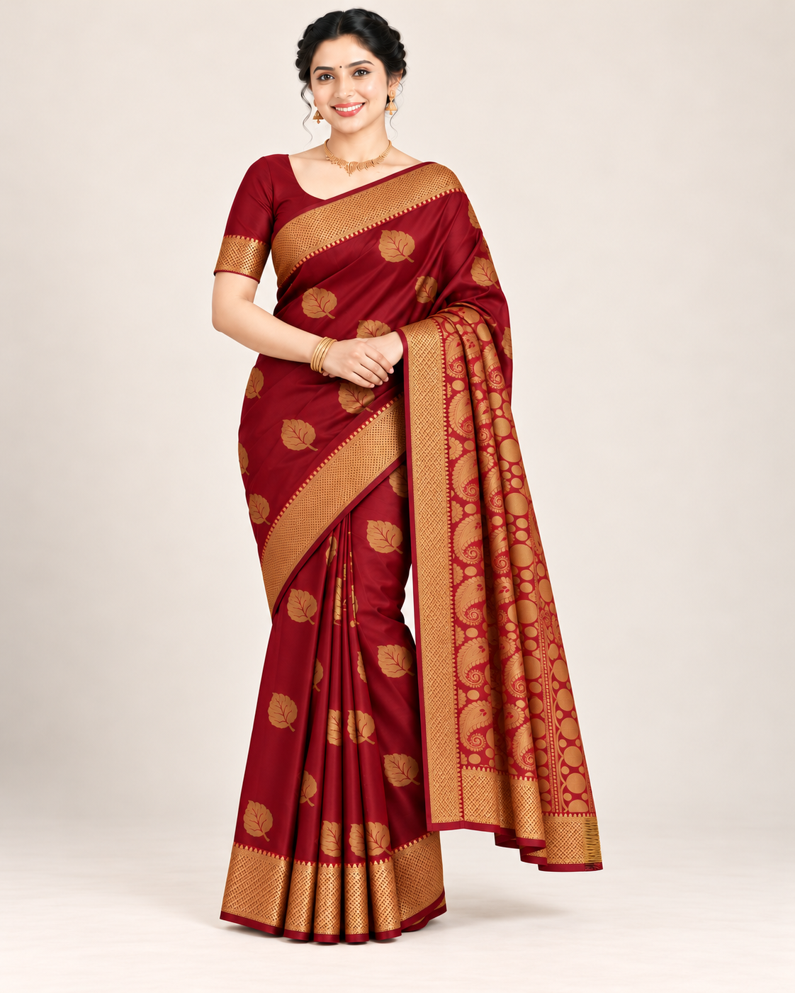 Wine maroon silk saree in a relaxed pose with a naturally draped pallu