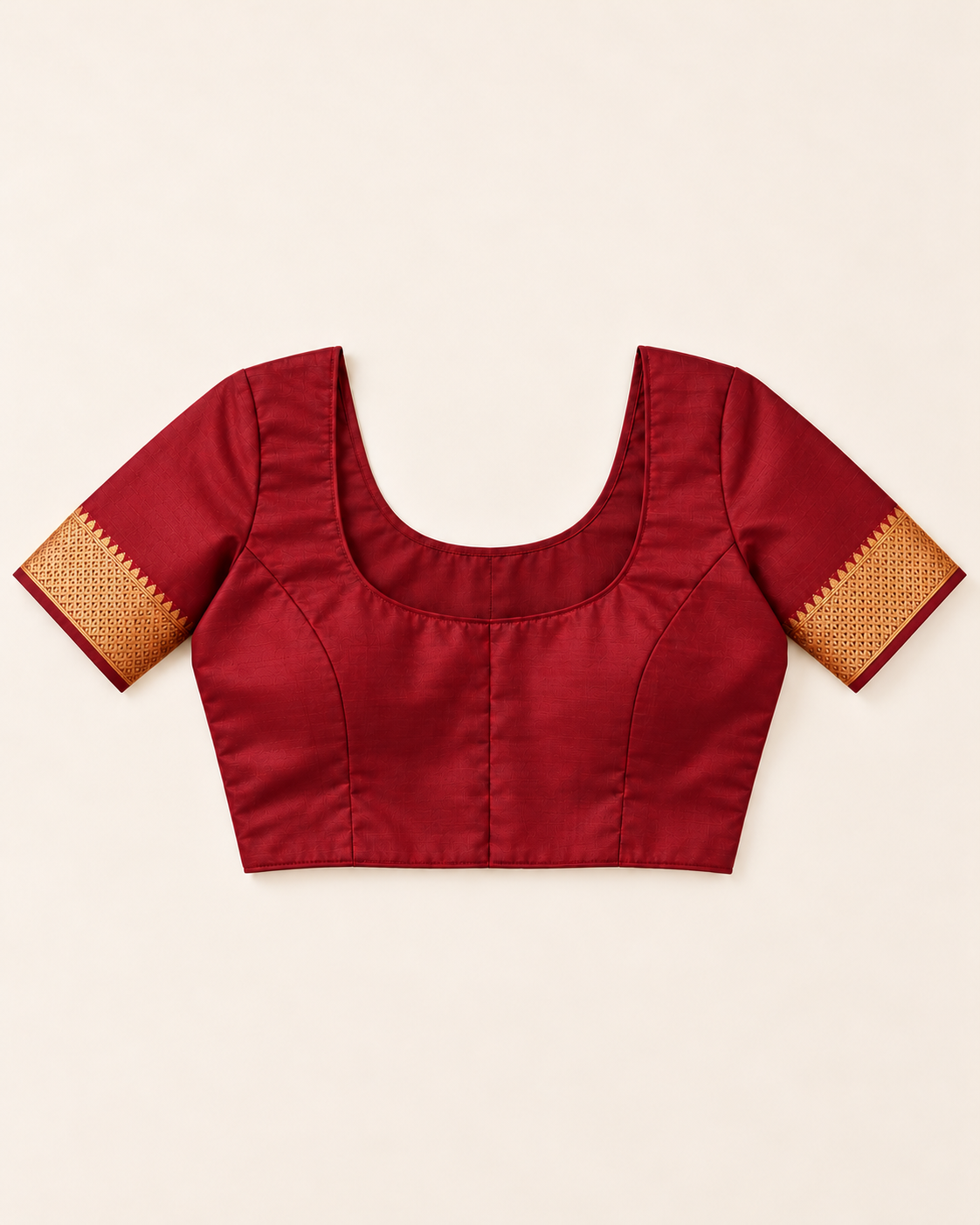Wine maroon stitched example blouse with short sleeves and gold cuffs