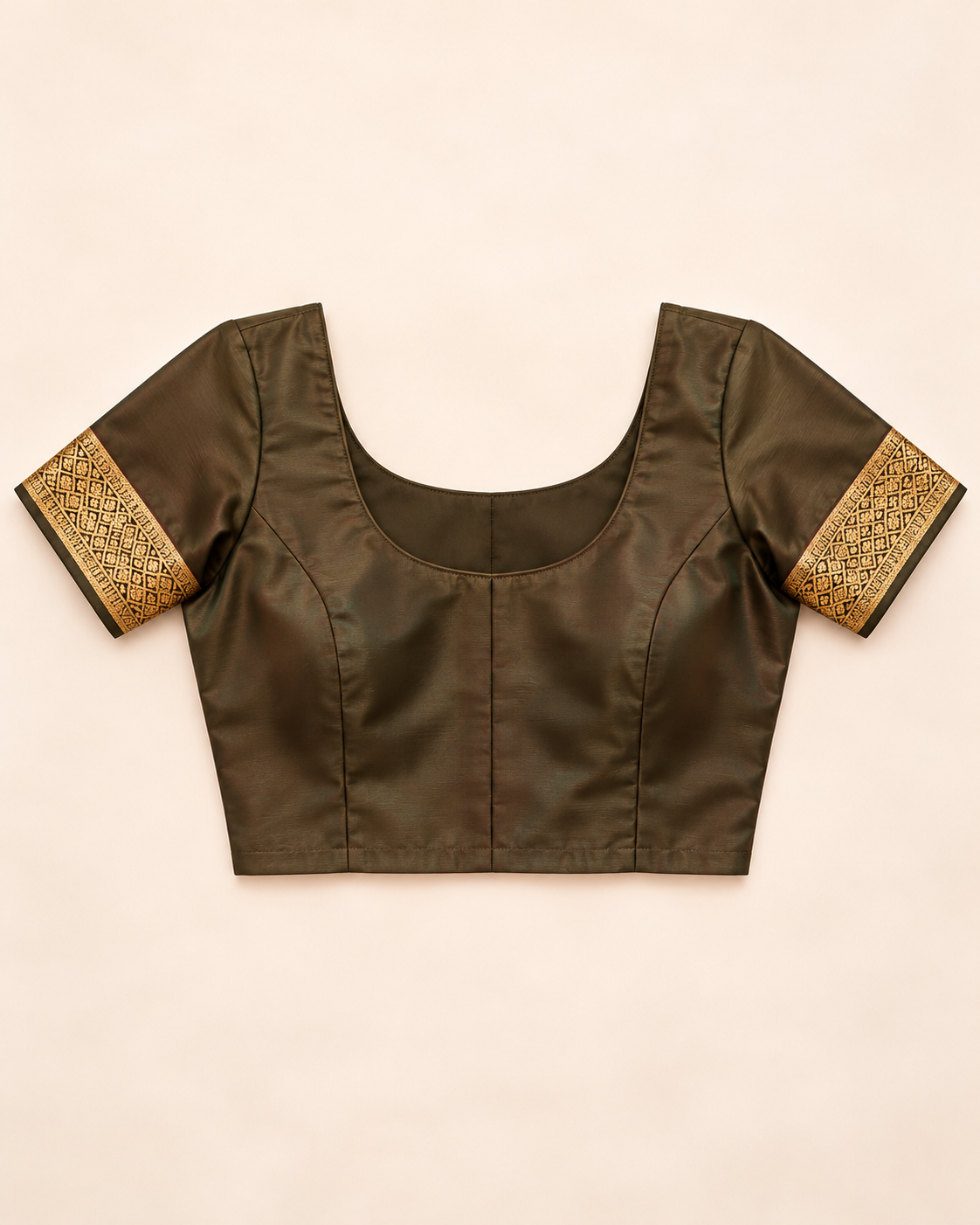 Olive-brown stitched example blouse with gold geometric cuffs