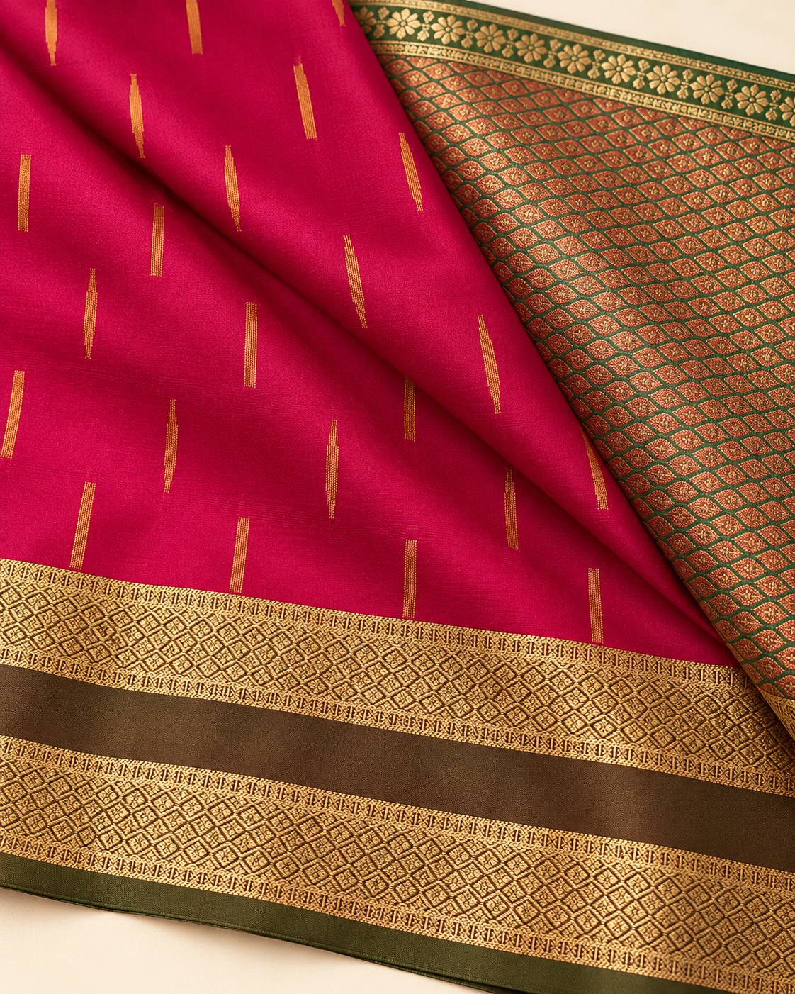 Close-up of fuchsia silk, small gold motifs and the double diamond border