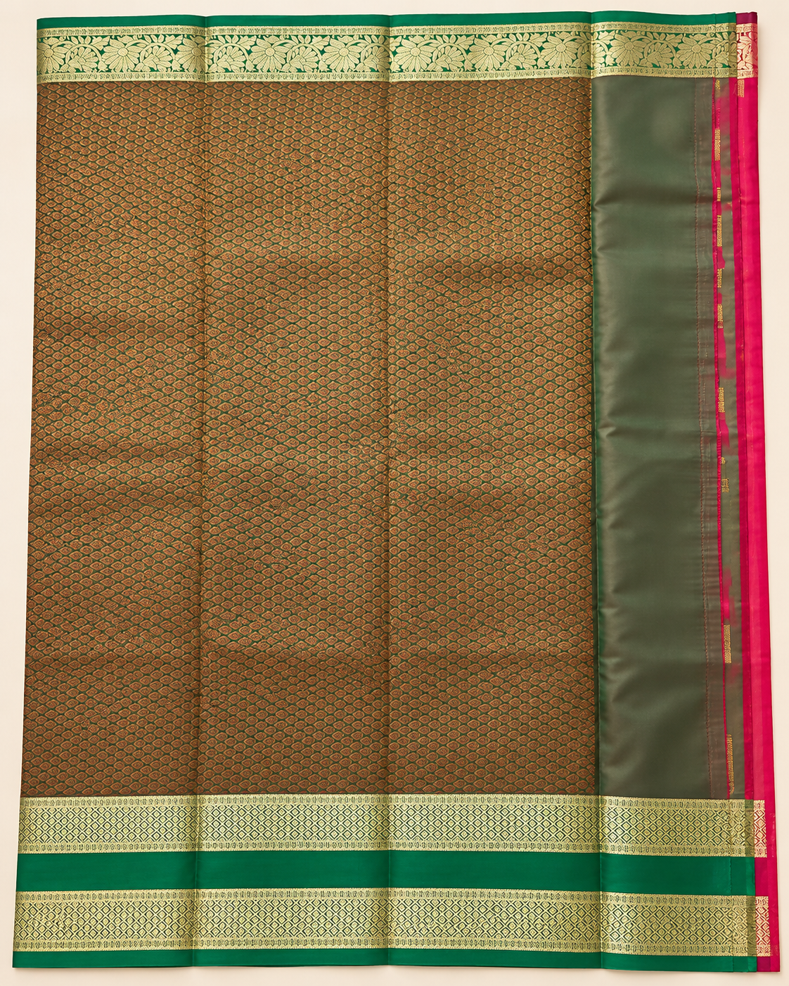 Full olive and gold pallu with fine repeating motifs and a double geometric border