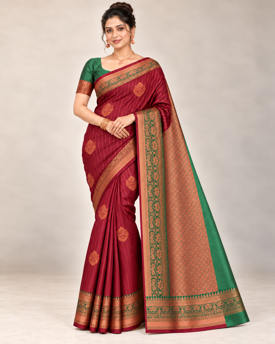 Front view of a burgundy pinstripe silk saree with a copper floral border