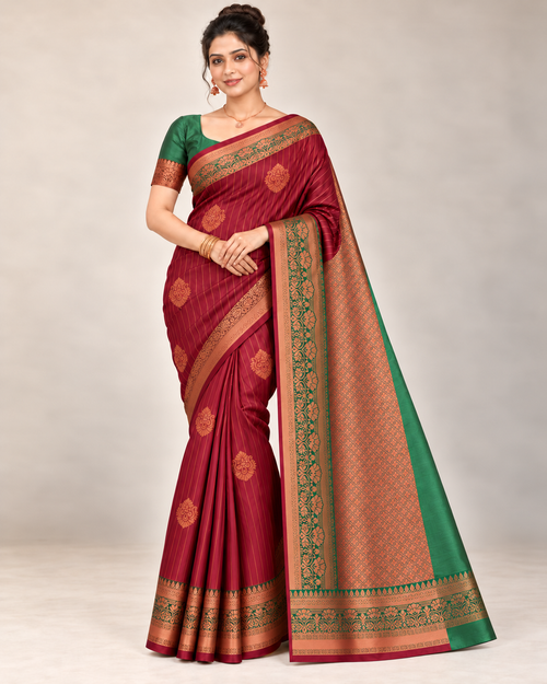 Front view of a burgundy pinstripe silk saree with a copper floral border
