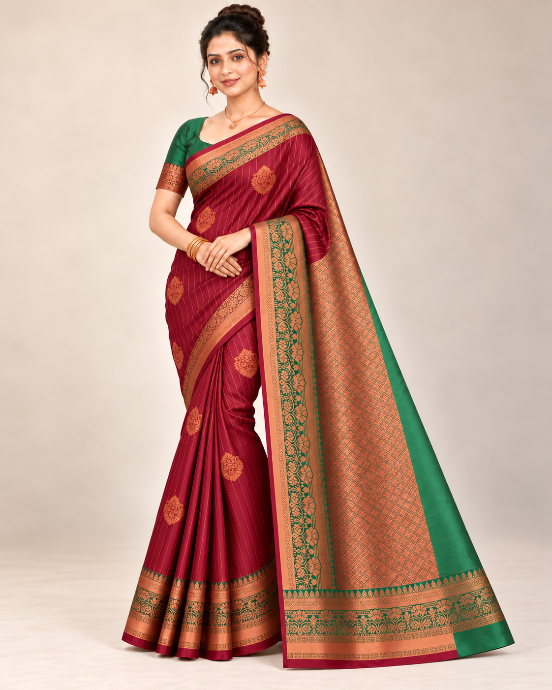 Three-quarter view of a burgundy silk saree and green copper pallu