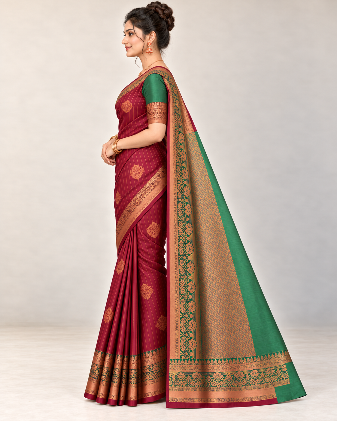 Side profile of a burgundy silk saree with a green example blouse