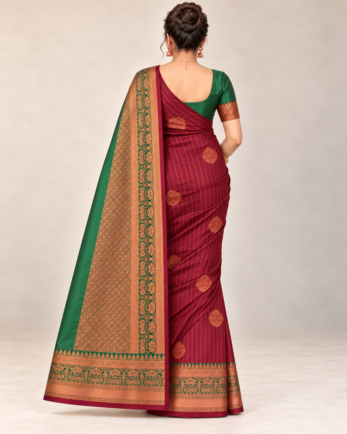 Rear view of a burgundy pinstripe silk saree and green pallu