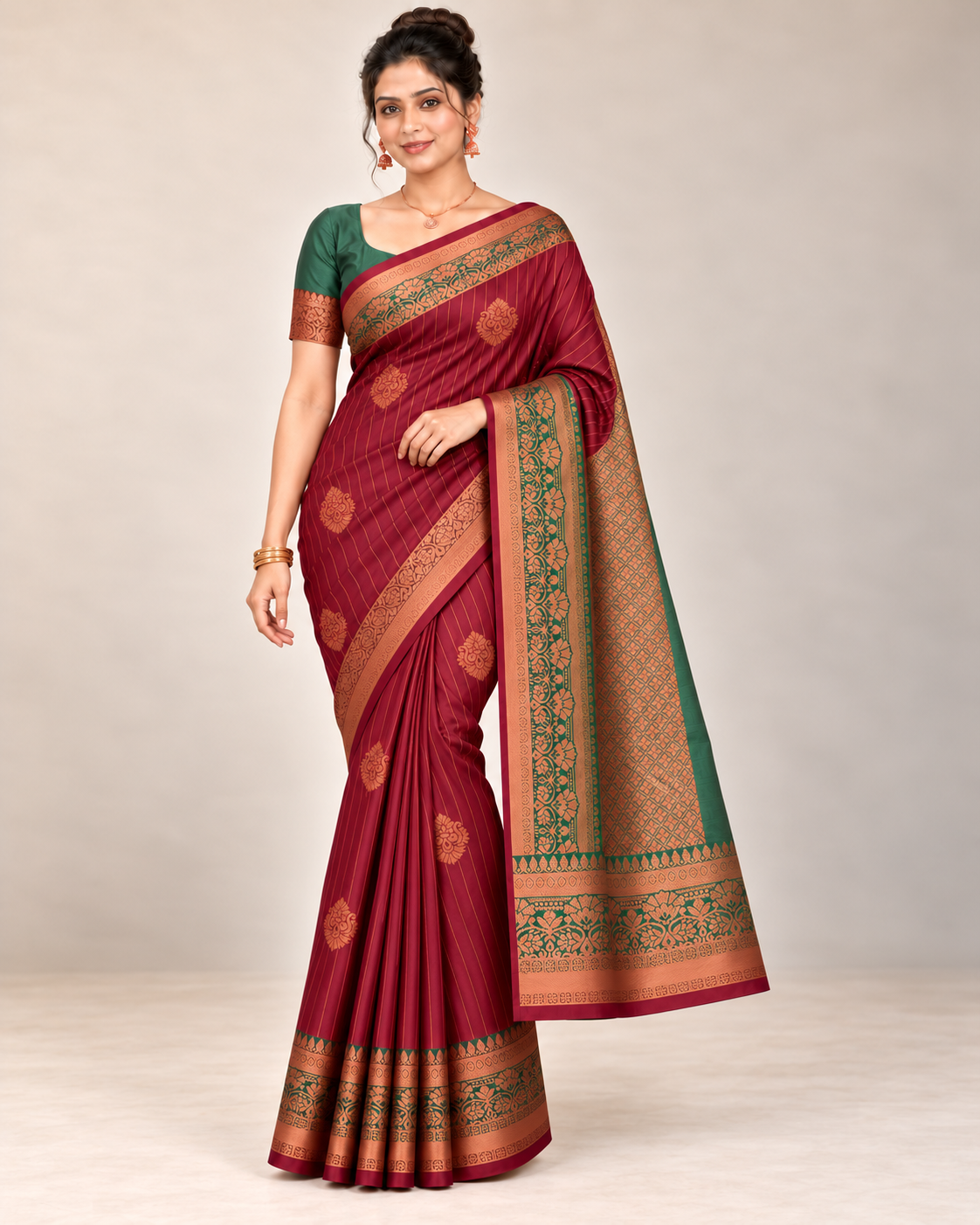 Burgundy silk saree with a gently folded pallu