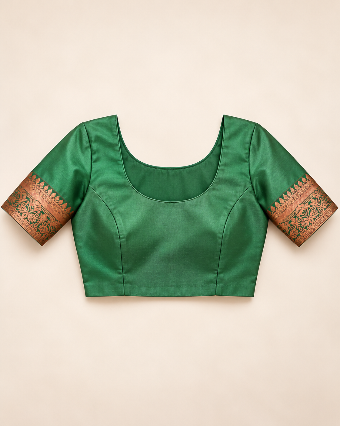 Green stitched example blouse with copper floral cuffs