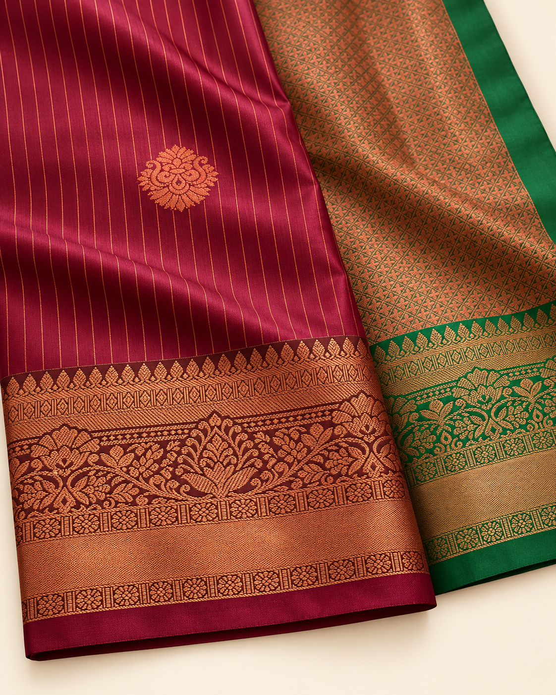 Close-up of burgundy silk pinstripes and the copper floral border