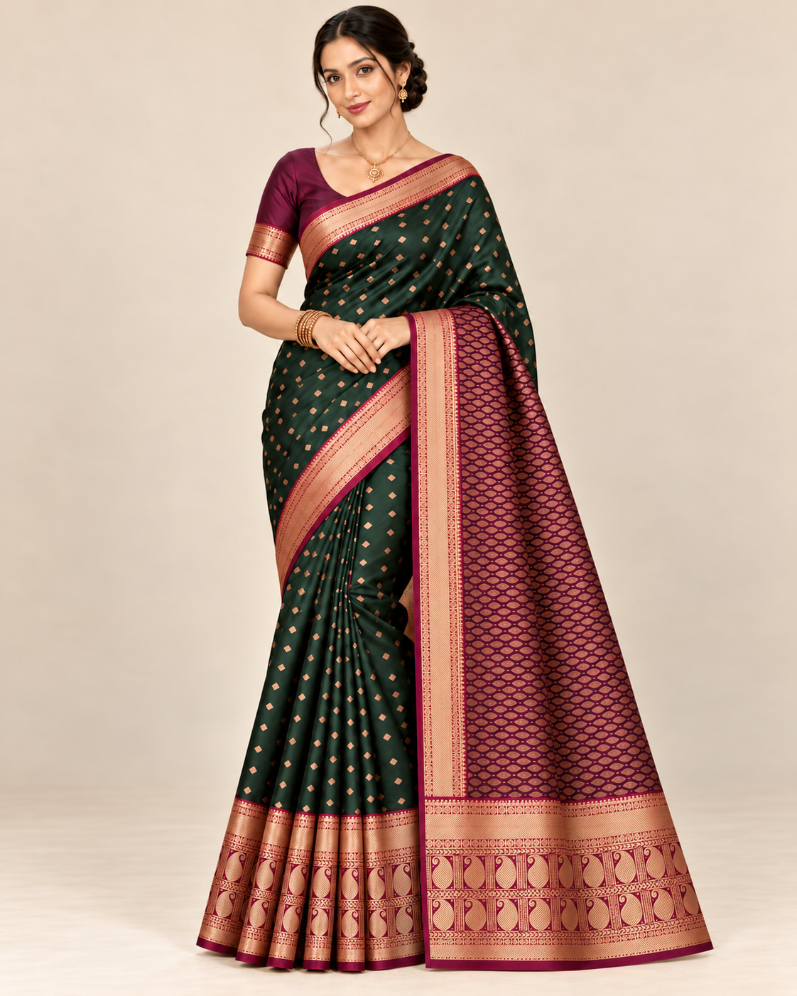 Front view of a forest green silk saree with copper paisley border