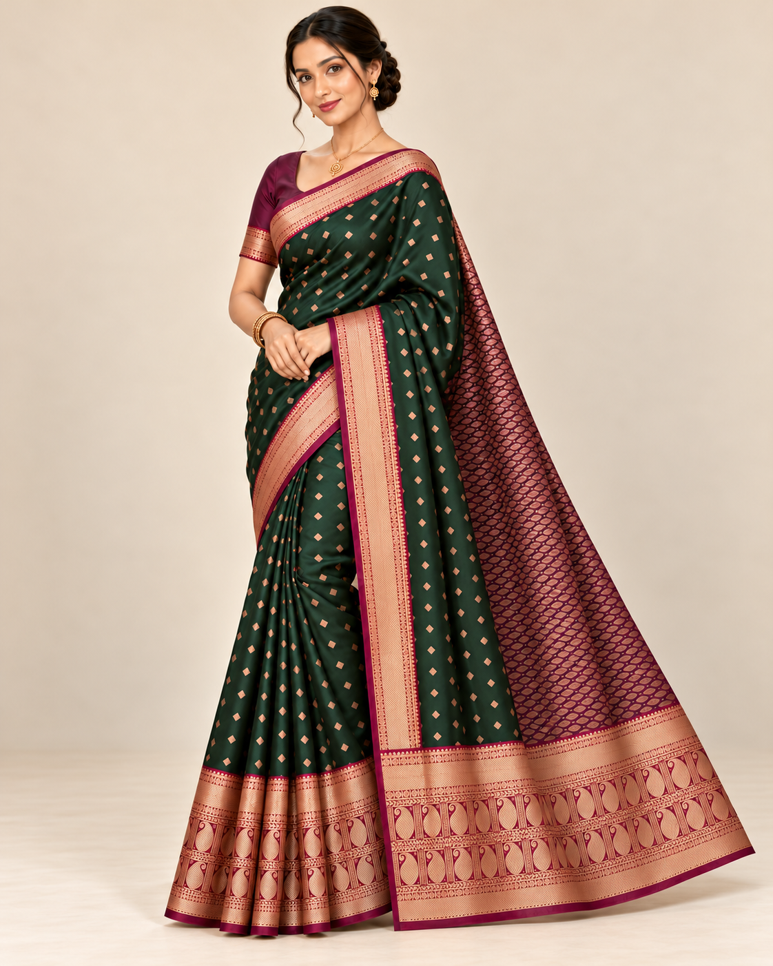 Three-quarter view of a green silk saree and plum pallu