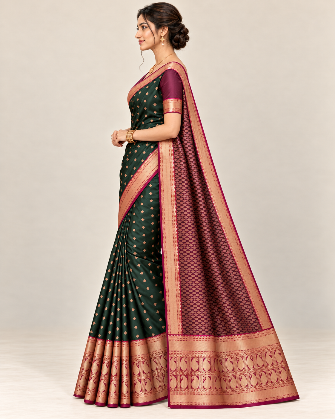 Side profile of a forest green saree with a plum example blouse