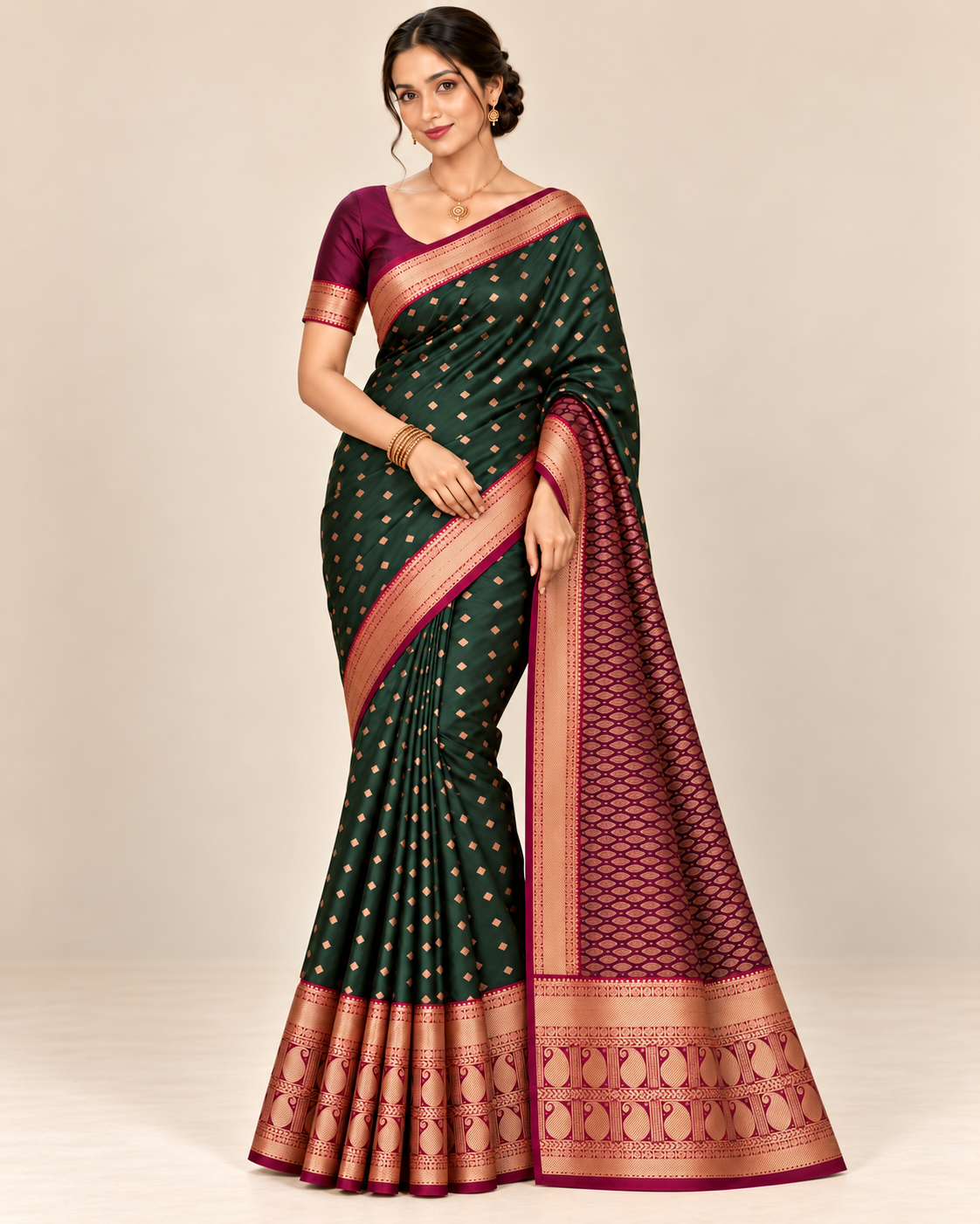 Forest green silk saree in a relaxed standing pose