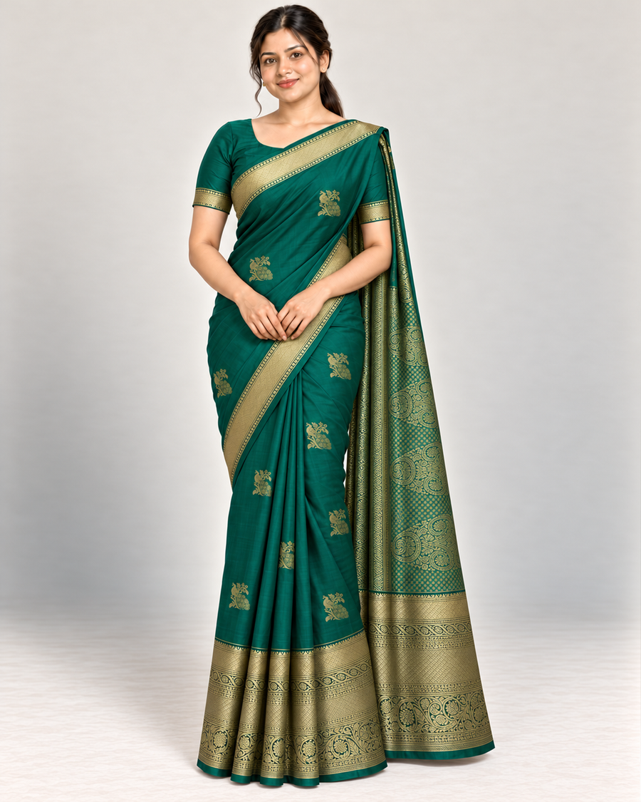 Front view of a green silk saree with gold peacock motifs and an ornate gold border.