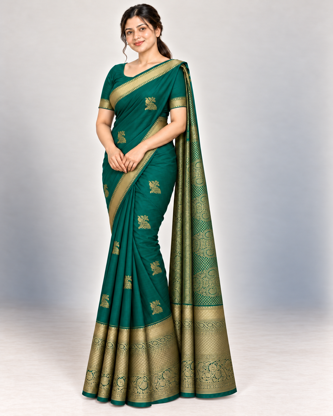 Three-quarter view of the green peacock silk saree with a matching blouse styled on a model.