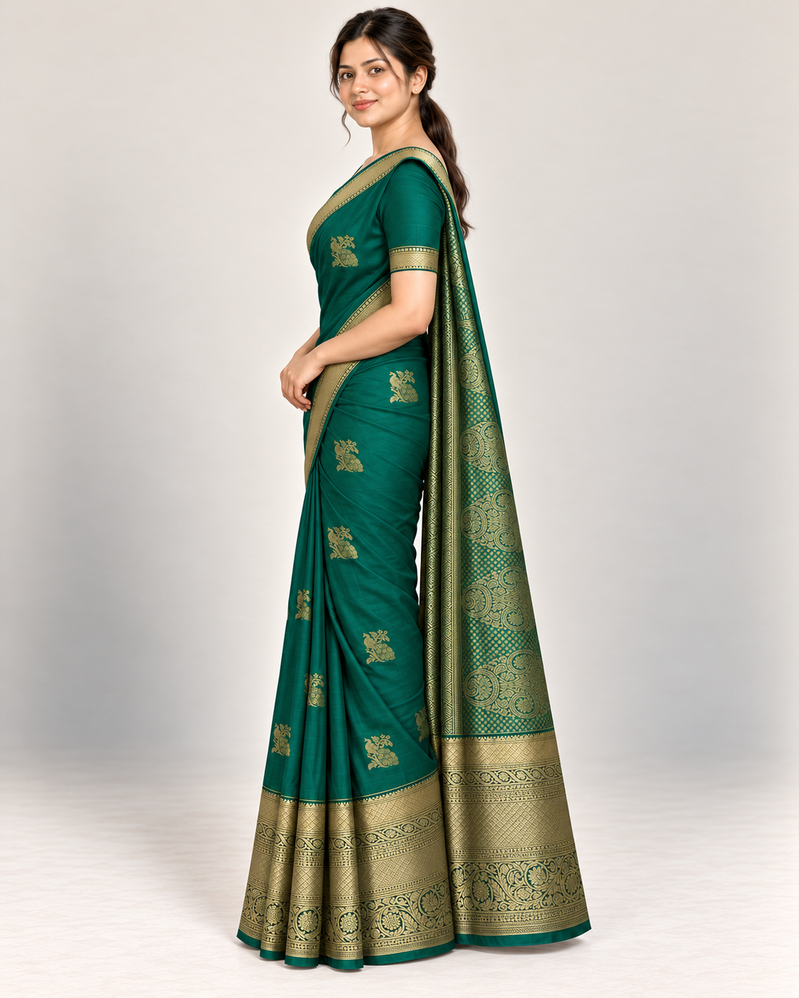 Side view showing the green silk saree drape and gold-patterned pallu.