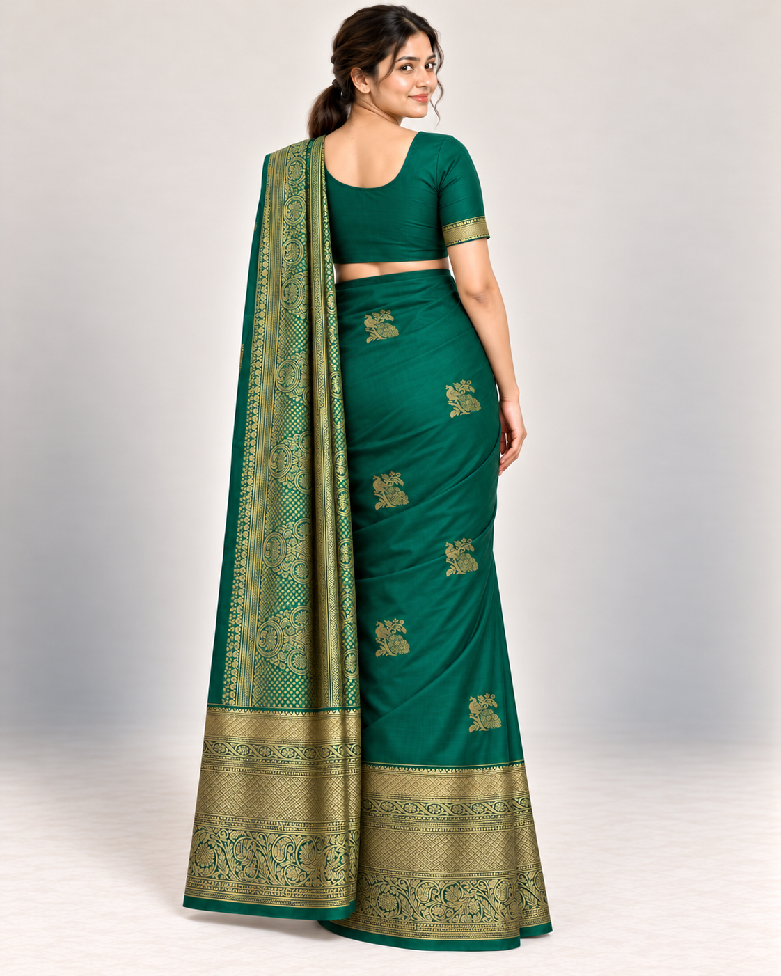 Rear view of the green silk saree with gold motifs and draped pallu.