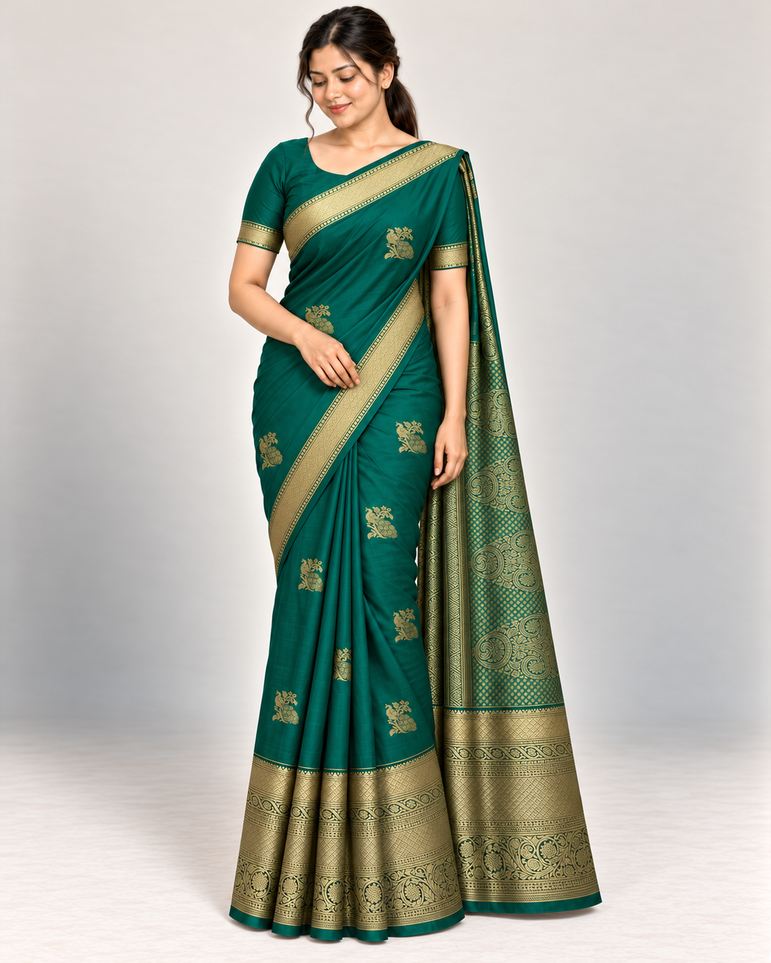 Green silk saree with gold peacock motifs shown in a relaxed standing pose.