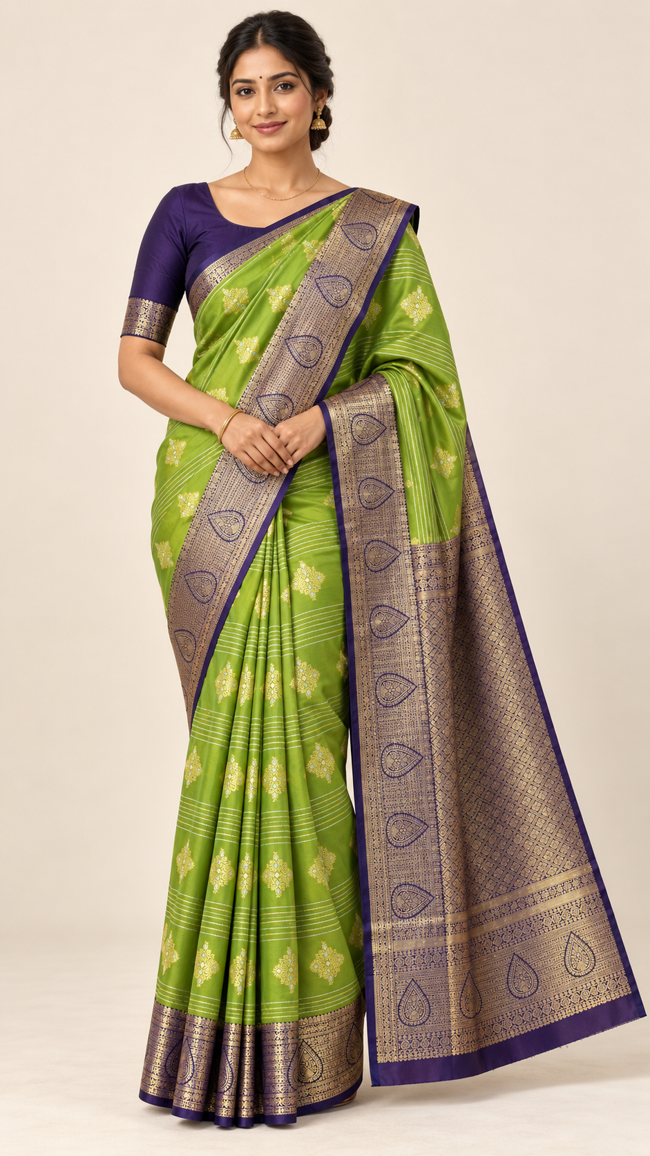Lime green saree with purple blouse, front view