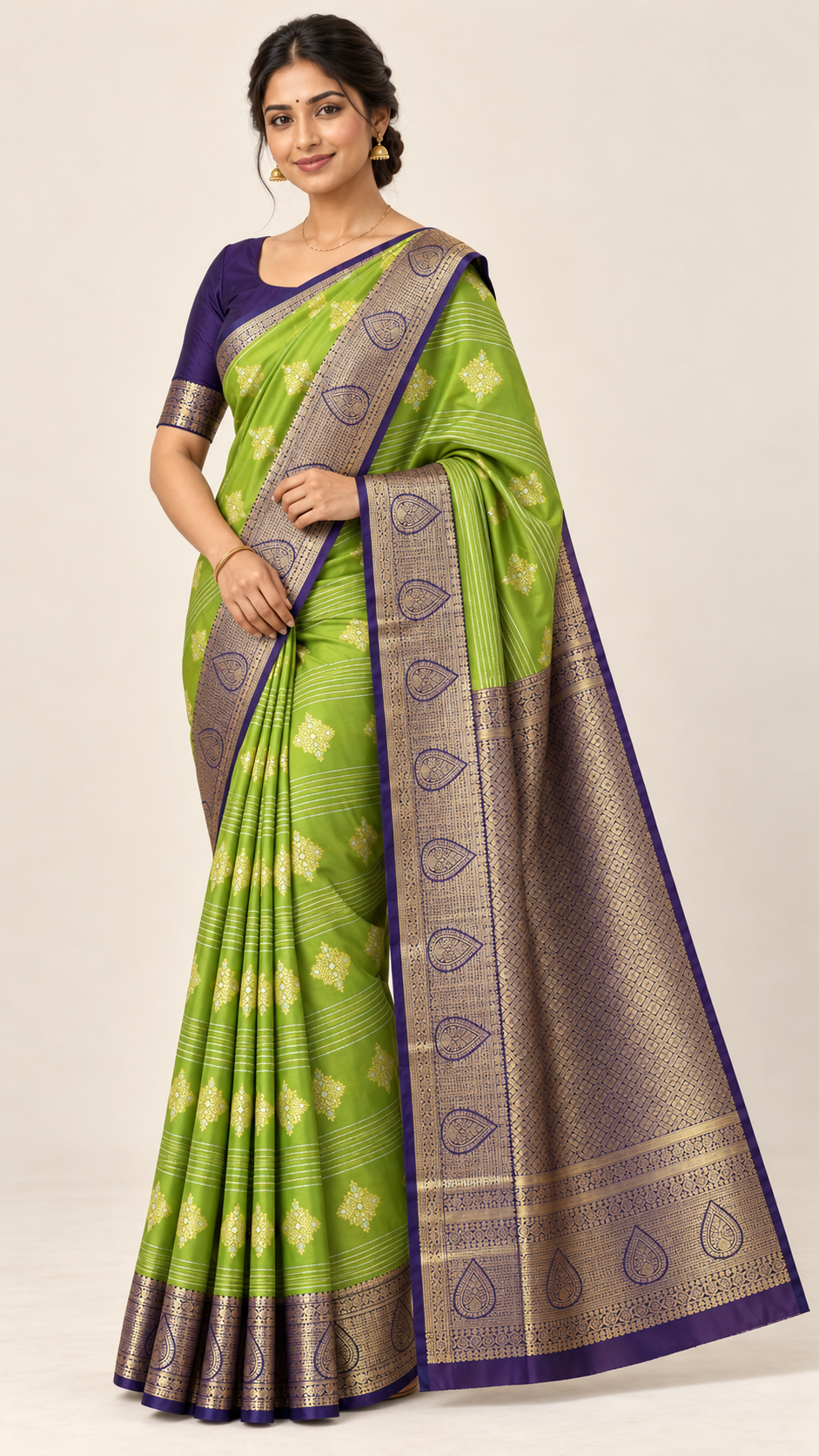 Lime green saree, three-quarter view