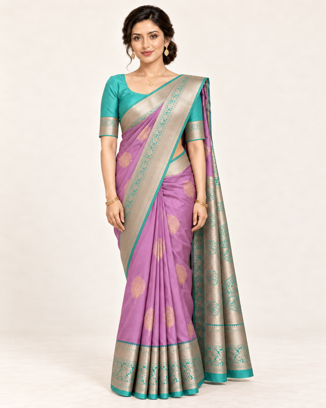 Lilac silk saree with gold peacock-feather motifs and turquoise woven border, full front view