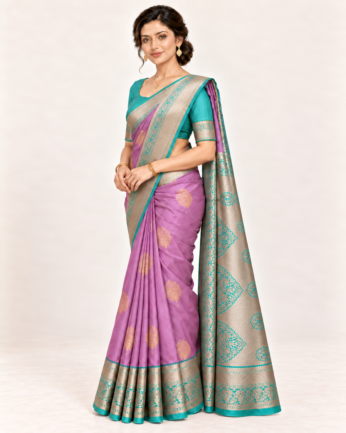 Lilac silk saree with turquoise blouse and champagne-gold border, three-quarter view